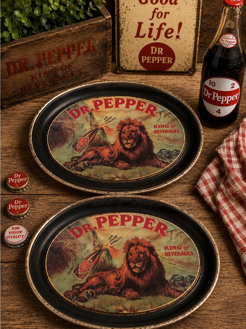 Vintage Dr Pepper King of Beverages Lion Tray Pair Retro Bar Americana Decor